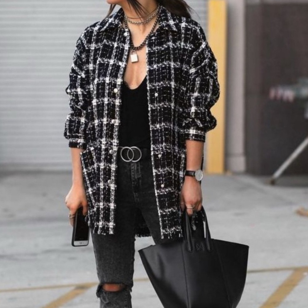 Zara Black & White Plaid Snap Button Shacket Size Large Fringe‎ Boho Timeless